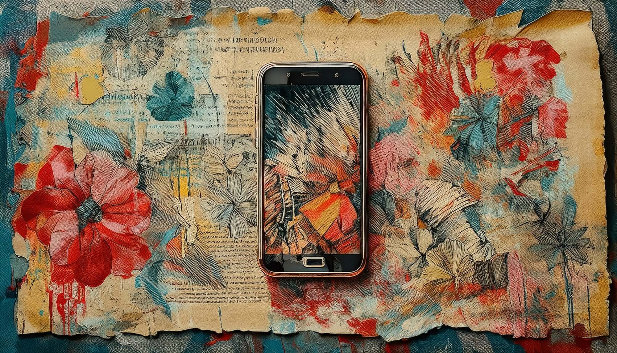 Smartphone on a colorful floral-patterned surface