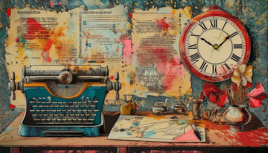Vintage typewriter on a desk with a clock and flowers against a textured wall.