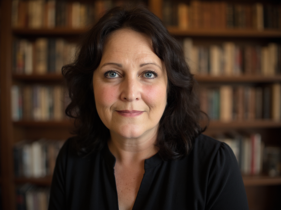 Woman in a black shirt standing in front of a bookshelf