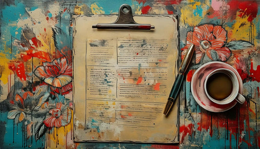 Clipboard with a document, pen, and coffee cup on a colorful floral background